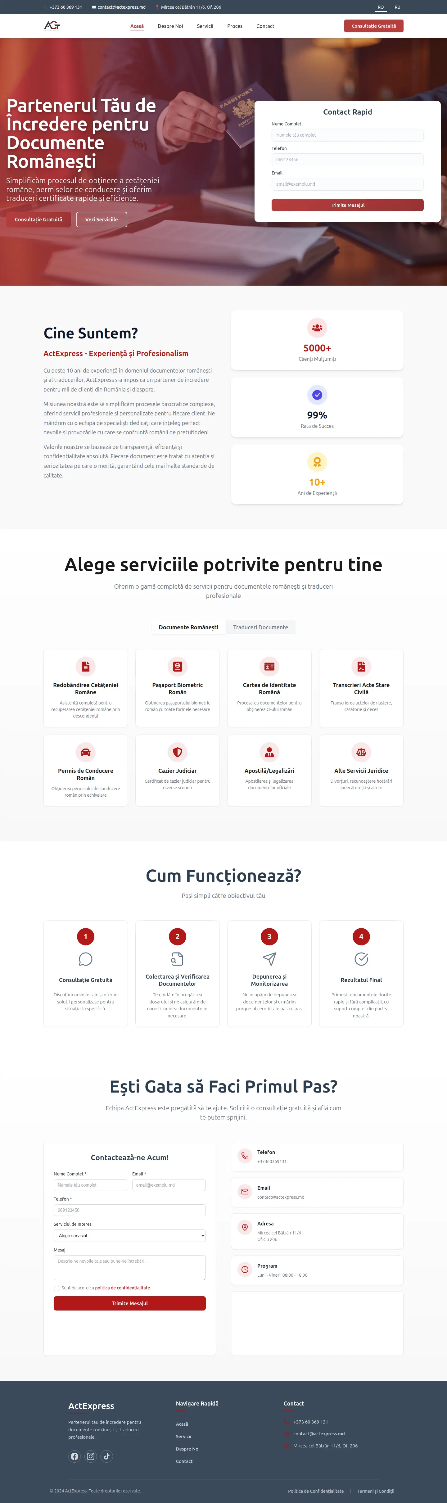 Pagina principală actexpress.md în română: un pașaport și acte fotografiate pe birou, titlul „Partenerul Tău de Încredere pentru Documente Românești” și un formular scurt de contact alături.