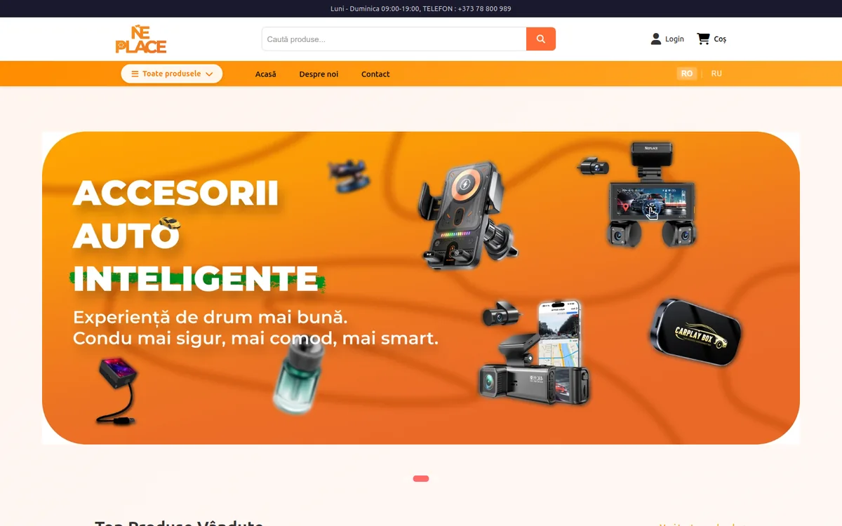 The neplaceshop.md homepage in Romanian: an orange banner reading Accesorii auto inteligente, surrounded by dash cameras, phone mounts and car accessories, above the product search bar.