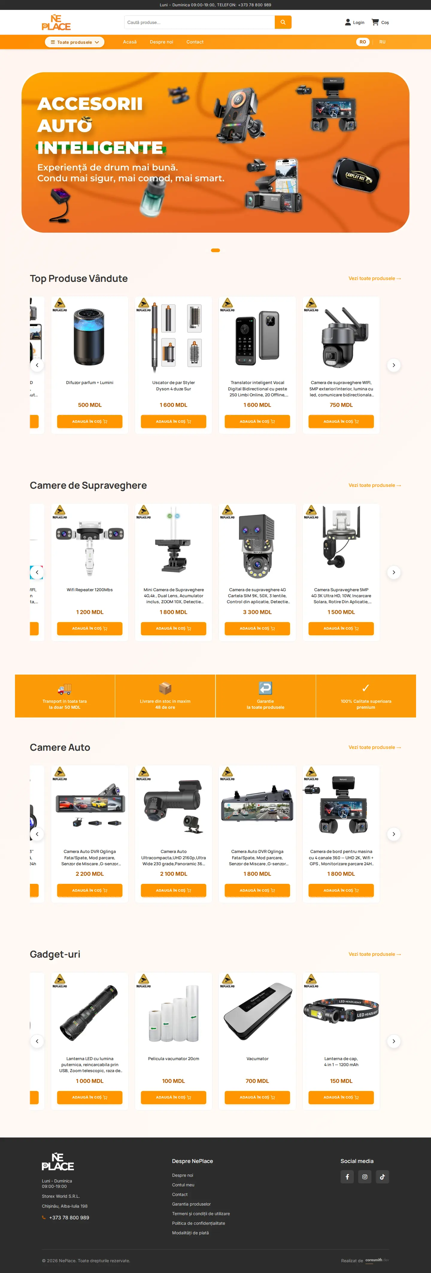 The neplaceshop.md homepage in Romanian: an orange banner reading Accesorii auto inteligente, surrounded by dash cameras, phone mounts and car accessories, above the product search bar.