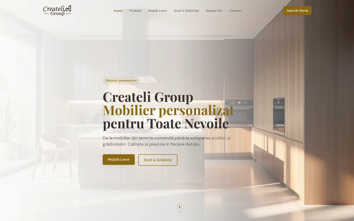The createli.md homepage: a fitted kitchen photographed in daylight, with the headline Mobilier personalizat pentru Toate Nevoile and two buttons, one for wood furniture and one for school furniture.