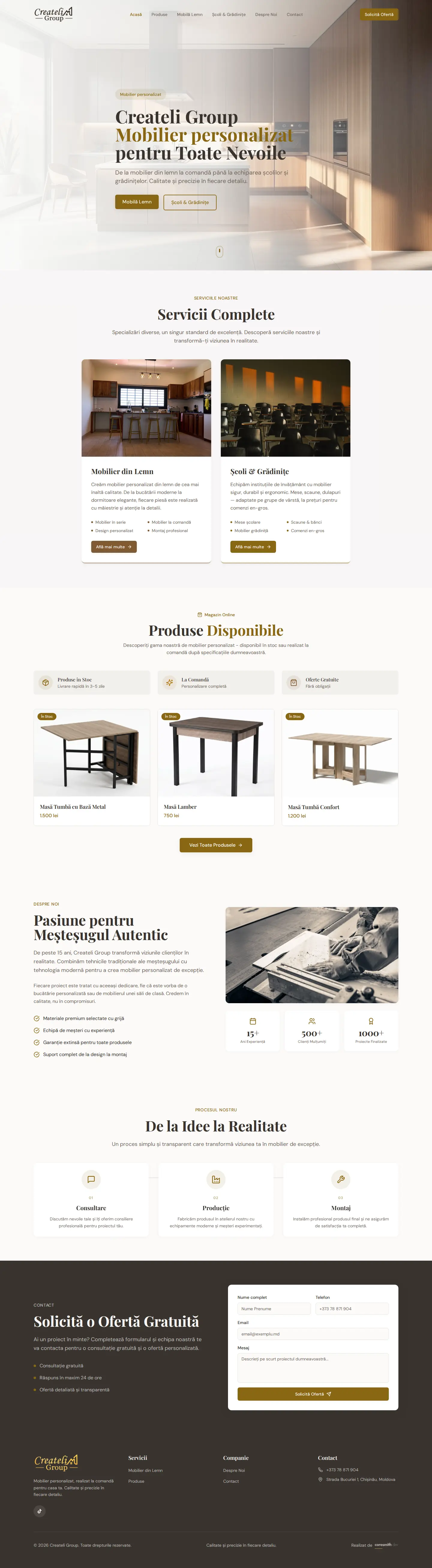 Главная createli.md: кухня на заказ, снятая при дневном свете, заголовок «Mobilier personalizat pentru Toate Nevoile» и две кнопки — мебель из дерева и мебель для школ.